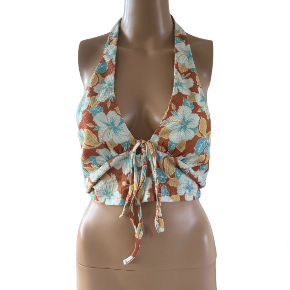 Urban Outfitters Floral Halter Crop Top - Brown and Blue